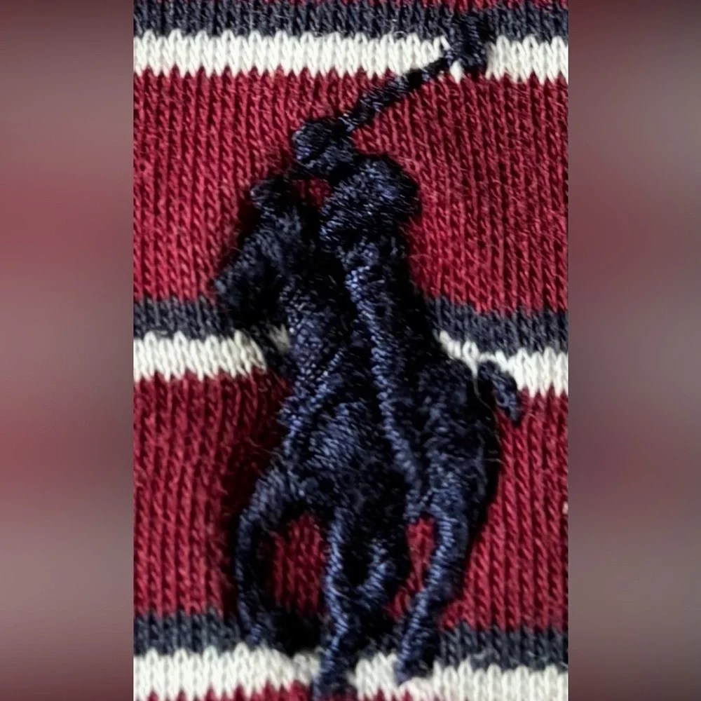 Ralph Lauren Maroon and White Striped Polo with Iconic Embroidered Logo